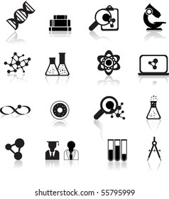 set of black scientofic silhouette icons with reflection