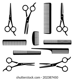 Set of black scissors and combs on white background for Hairdresser's salon