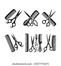 Set of black scissors and combs on white background for Hairdresser's salon
