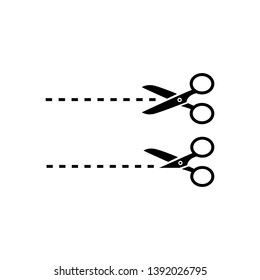 Set of black scissors with cut lines on white background. Vector