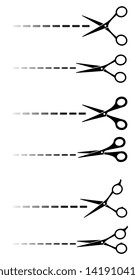 set of black scissors with cut lines on white background