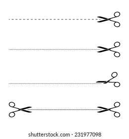 set of black scissors with cut lines on white background 