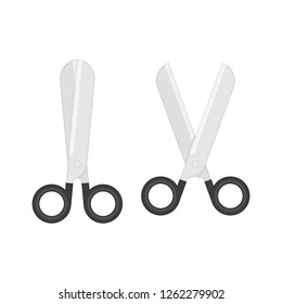 Set of black scissors with plastic handles, isolated on white background. Vector illustration in flat style. Sharp Scissor open and closed. EPS 10.