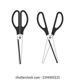Set of black scissors with plastic handles, isolated on white background. Vector illustration in flat style. Sharp Scissor open and closed. EPS 10.