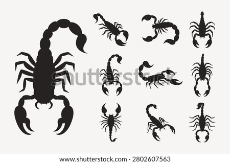 A set of black scorpion silhouettes in various poses and sizes, isolated on a white background for design use