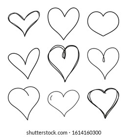 Set of black scribble hand drawn hearts. Vector collection of hearts for Valentines Day sweethearts.