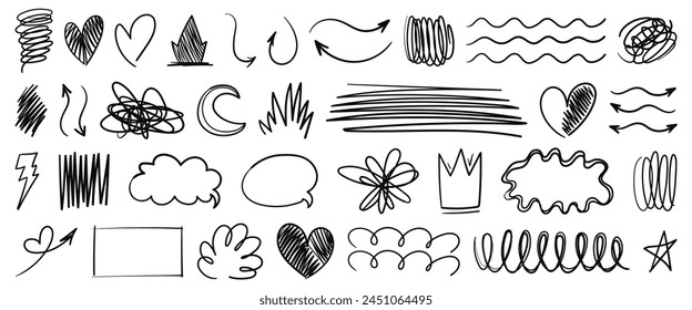 A set of black scribbles, hatched drawings, free forms on a white background. Basic elements, directional arrows, lines, shapes, dialogues. Modern abstract scribbles, brushes, arbitrary shapes