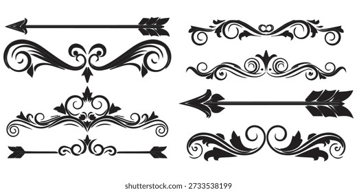 Conjunto de adornos de pergamino negro para la Ilustración vectorial de colección de diseño