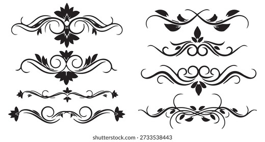 Conjunto de adornos de pergamino negro para la Ilustración vectorial de colección de diseño