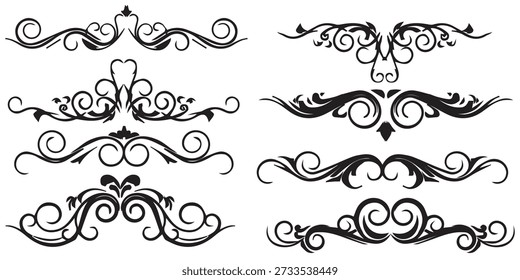 Conjunto de adornos de pergamino negro para la Ilustración vectorial de colección de diseño
