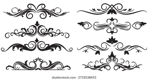 Conjunto de adornos de pergamino negro para la Ilustración vectorial de colección de diseño