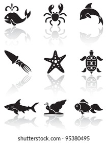 Set of black Sea animals icons on white background, illustration