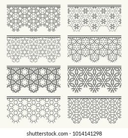 Set of black seamless borders, line patterns. Tribal ethnic arabic, indian decorative ornaments, fashion lace collection. Isolated design elements for headline, banners, wedding invitation cards
