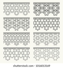 Set of black seamless borders, line patterns. Tribal ethnic arabic, indian decorative ornaments, fashion lace collection. Isolated design elements for headline, banners, wedding invitation cards