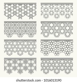 Set of black seamless borders, line patterns. Tribal ethnic arabic, indian decorative ornaments, fashion lace collection. Isolated design elements for headline, banners, wedding invitation cards