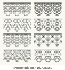 Set of black seamless borders, line patterns. Tribal ethnic arabic, indian decorative ornaments, fashion lace collection. Isolated design elements for headline, banners, wedding invitation cards