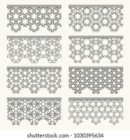Set of black seamless borders, line patterns. Tribal ethnic arabic, indian decorative ornaments, fashion lace collection. Isolated design elements for headline, banners, wedding invitation cards