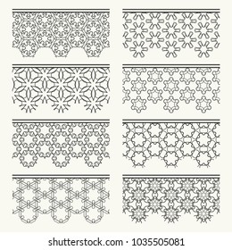 Set of black seamless borders, line patterns. Tribal ethnic arabic, indian decorative ornaments, fashion lace collection. Isolated design elements for headline, banners, wedding invitation cards