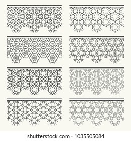 Set of black seamless borders, line patterns. Tribal ethnic arabic, indian decorative ornaments, fashion lace collection. Isolated design elements for headline, banners, wedding invitation cards