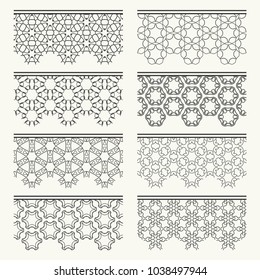 Set of black seamless borders, line patterns. Tribal ethnic arabic, indian decorative ornaments, fashion lace collection. Isolated design elements for headline, banners, wedding invitation cards