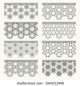 Set of black seamless borders, line patterns. Tribal ethnic arabic, indian decorative ornaments, fashion lace collection. Isolated design elements for headline, banners, wedding invitation cards