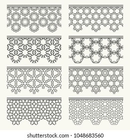 Set of black seamless borders, line patterns. Tribal ethnic arabic, indian decorative ornaments, fashion lace collection. Isolated design elements for headline, banners, wedding invitation cards