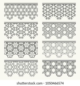 Set of black seamless borders, line patterns. Tribal ethnic arabic, indian decorative ornaments, fashion lace collection. Isolated design elements for headline, banners, wedding invitation cards