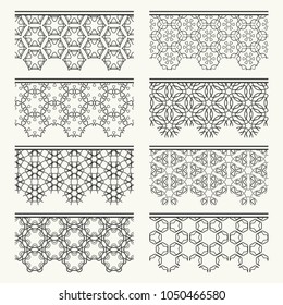 Set of black seamless borders, line patterns. Tribal ethnic arabic, indian decorative ornaments, fashion lace collection. Isolated design elements for headline, banners, wedding invitation cards