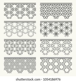 Set of black seamless borders, line patterns. Tribal ethnic arabic, indian decorative ornaments, fashion lace collection. Isolated design elements for headline, banners, wedding invitation cards