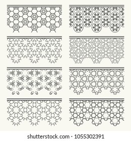 Set of black seamless borders, line patterns. Tribal ethnic arabic, indian decorative ornaments, fashion lace collection. Isolated design elements for headline, banners, wedding invitation cards