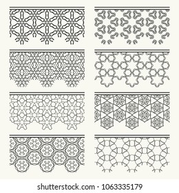 Set of black seamless borders, line patterns. Tribal ethnic arabic, indian decorative ornaments, fashion lace collection. Isolated design elements for headline, banners, wedding invitation cards