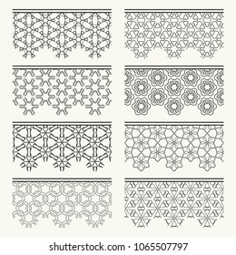 Set of black seamless borders, line patterns. Tribal ethnic arabic, indian decorative ornaments, fashion lace collection. Isolated design elements for headline, banners, wedding invitation cards