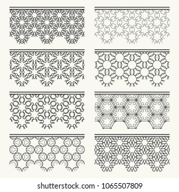 Set of black seamless borders, line patterns. Tribal ethnic arabic, indian decorative ornaments, fashion lace collection. Isolated design elements for headline, banners, wedding invitation cards