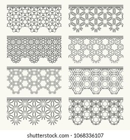 Set of black seamless borders, line patterns. Tribal ethnic arabic, indian decorative ornaments, fashion lace collection. Isolated design elements for headline, banners, wedding invitation cards