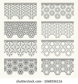 Set of black seamless borders, line patterns. Tribal ethnic arabic, indian decorative ornaments, fashion lace collection. Isolated design elements for headline, banners, wedding invitation cards