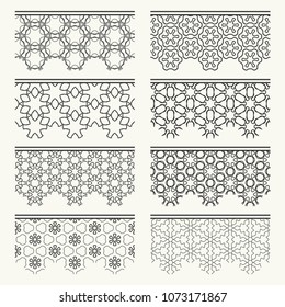 Set of black seamless borders, line patterns. Tribal ethnic arabic, indian decorative ornaments, fashion lace collection. Isolated design elements for headline, banners, wedding invitation cards