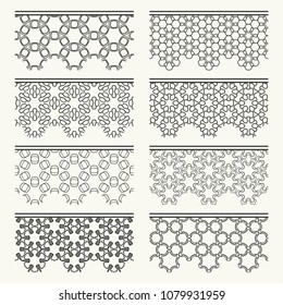 Set of black seamless borders, line patterns. Tribal ethnic arabic, indian decorative ornaments, fashion lace collection. Isolated design elements for headline, banners, wedding invitation cards