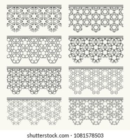 Set of black seamless borders, line patterns. Tribal ethnic arabic, indian decorative ornaments, fashion lace collection. Isolated design elements for headline, banners, wedding invitation cards