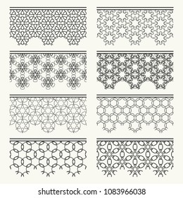 Set of black seamless borders, line patterns. Tribal ethnic arabic, indian decorative ornaments, fashion lace collection. Isolated design elements for headline, banners, wedding invitation cards