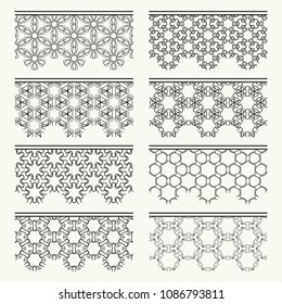Set of black seamless borders, line patterns. Tribal ethnic arabic, indian decorative ornaments, fashion lace collection. Isolated design elements for headline, banners, wedding invitation cards