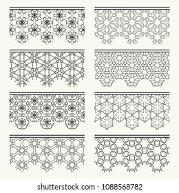Set of black seamless borders, line patterns. Tribal ethnic arabic, indian decorative ornaments, fashion lace collection. Isolated design elements for headline, banners, wedding invitation cards