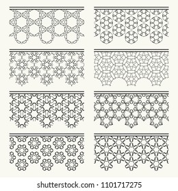 Set of black seamless borders, line patterns. Tribal ethnic arabic, indian decorative ornaments, fashion lace collection. Isolated design elements for headline, banners, wedding invitation cards