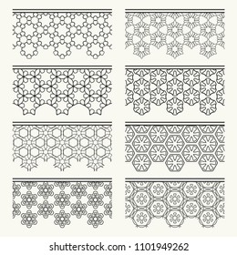 Set of black seamless borders, line patterns. Tribal ethnic arabic, indian decorative ornaments, fashion lace collection. Isolated design elements for headline, banners, wedding invitation cards