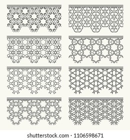 Set of black seamless borders, line patterns. Tribal ethnic arabic, indian decorative ornaments, fashion lace collection. Isolated design elements for headline, banners, wedding invitation cards