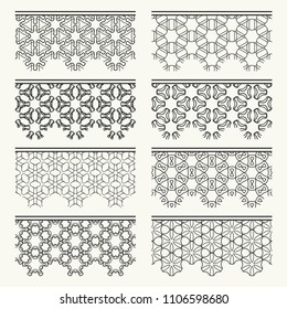 Set of black seamless borders, line patterns. Tribal ethnic arabic, indian decorative ornaments, fashion lace collection. Isolated design elements for headline, banners, wedding invitation cards