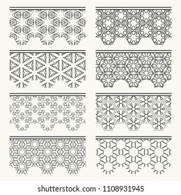 Set of black seamless borders, line patterns. Tribal ethnic arabic, indian decorative ornaments, fashion lace collection. Isolated design elements for headline, banners, wedding invitation cards