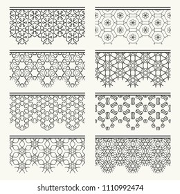 Set of black seamless borders, line patterns. Tribal ethnic arabic, indian decorative ornaments, fashion lace collection. Isolated design elements for headline, banners, wedding invitation cards