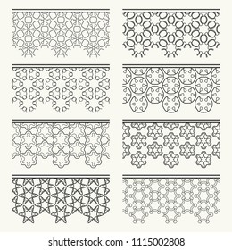 Set of black seamless borders, line patterns. Tribal ethnic arabic, indian decorative ornaments, fashion lace collection. Isolated design elements for headline, banners, wedding invitation cards