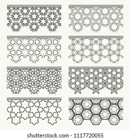 Set of black seamless borders, line patterns. Tribal ethnic arabic, indian decorative ornaments, fashion lace collection. Isolated design elements for headline, banners, wedding invitation cards