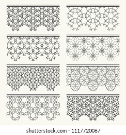 Set of black seamless borders, line patterns. Tribal ethnic arabic, indian decorative ornaments, fashion lace collection. Isolated design elements for headline, banners, wedding invitation cards